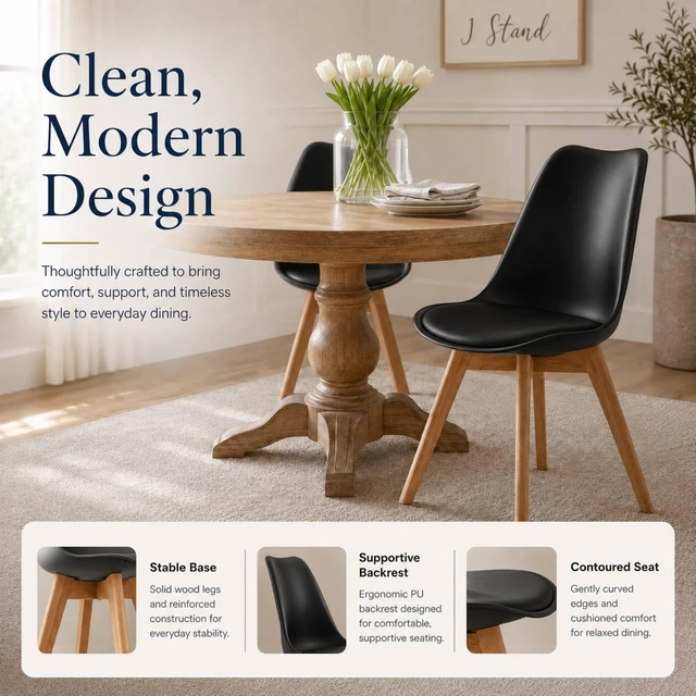 Alt view image 4 of 6 - Dining Chairs Set of 4, Modern Upholstered Dining Room Chairs with PU Leather Padded Seat, Armless Kitchen Chairs with Curved Backrest and Solid Wood Legs for Dining Room, Kitchen, Apartment, Black