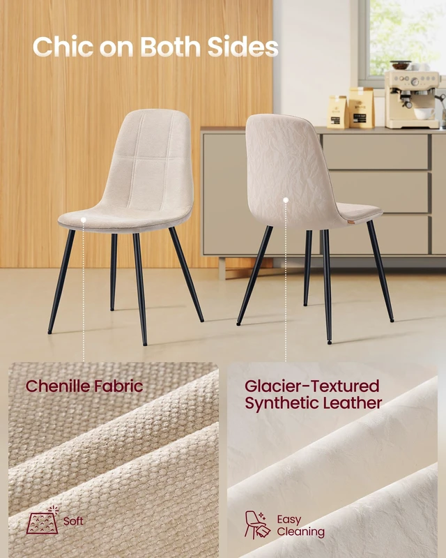 Alt view image 2 of 6 - Dining Chairs Set of 4, Kitchen Chairs
Chenille Fabric, Synthetic Leather, Metal Frame, Adjustable Feet, Easy to Clean, for Kitchen, Cream White UKDC188W01