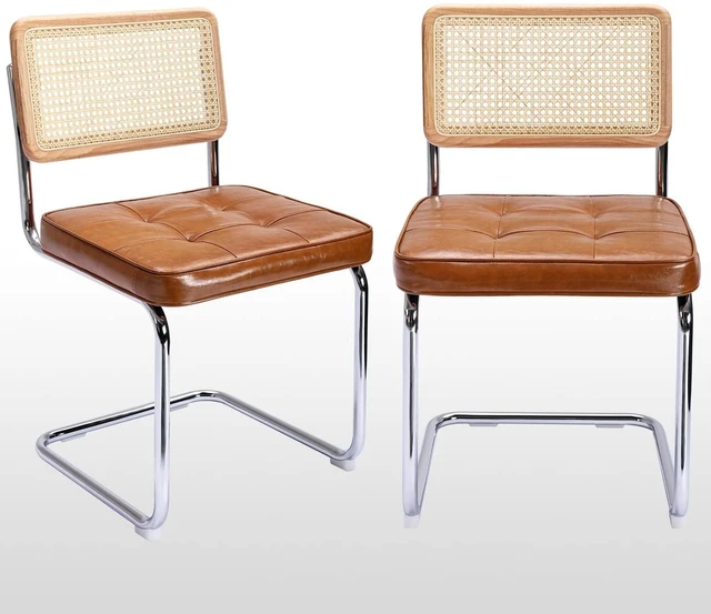 Main image of Natural Rattan Dining Chairs Set of 2, Modern Cesca Kitchen Chair
Mid Century Modern Dining Chairs with Solid Wood Back & Cane Mesh, Upholstered Faux Leather Chairs with Chrome Base, Brown