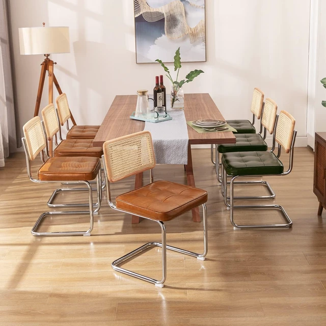 Alt view image 2 of 7 - Natural Rattan Dining Chairs Set of 2, Modern Cesca Kitchen Chair
Mid Century Modern Dining Chairs with Solid Wood Back & Cane Mesh, Upholstered Faux Leather Chairs with Chrome Base, Brown