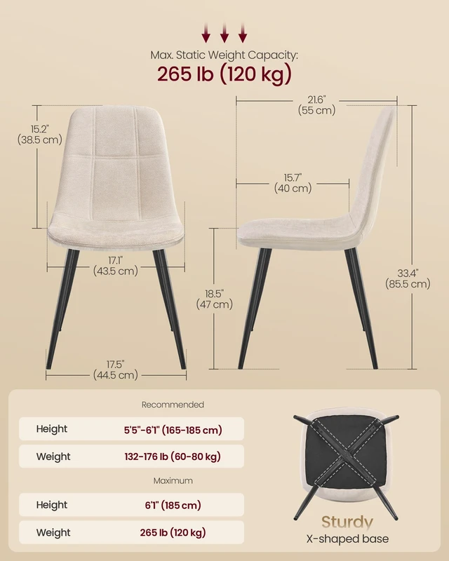 Alt view image 5 of 6 - Dining Chairs Set of 4, Kitchen Chairs
Chenille Fabric, Synthetic Leather, Metal Frame, Adjustable Feet, Easy to Clean, for Kitchen, Cream White UKDC188W01