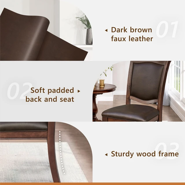 Alt view image 2 of 7 - Dining Room Chairs Set of 2, Classic Traditional Dining Chairs For Kitchen, Solid Wood Frame, Solid Back, Armless Side, Cherry Finish, Dark Brown Faux Leather Upholstery, Easy Assembly