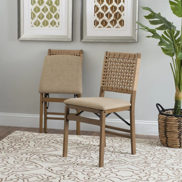 Alt view image 4 of 7 - Bennett Natural Folding Chair with Woven Rope Back and Linen Upholstered Seat Set of 2