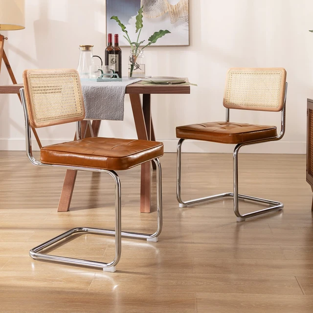 Alt view image 4 of 7 - Natural Rattan Dining Chairs Set of 2, Modern Cesca Kitchen Chair
Mid Century Modern Dining Chairs with Solid Wood Back & Cane Mesh, Upholstered Faux Leather Chairs with Chrome Base, Brown