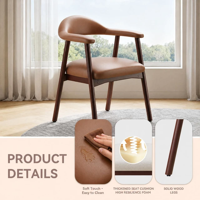 Alt view image 2 of 3 - Leather Dining Chair with Armrest Set of 2, Upholstered Dining Room Chair with Curved Back and Wood Legs, Mid Century Modern Kitchen Chairs for Kitchen Dining Room,Brown