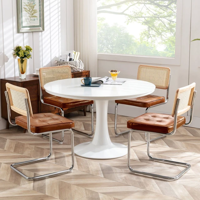 Alt view image 6 of 7 - Natural Rattan Dining Chairs Set of 2, Modern Cesca Kitchen Chair
Mid Century Modern Dining Chairs with Solid Wood Back & Cane Mesh, Upholstered Faux Leather Chairs with Chrome Base, Brown