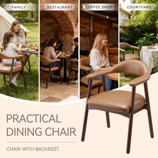 Alt view image 3 of 3 - Leather Dining Chair with Armrest Set of 2, Upholstered Dining Room Chair with Curved Back and Wood Legs, Mid Century Modern Kitchen Chairs for Kitchen Dining Room,Brown