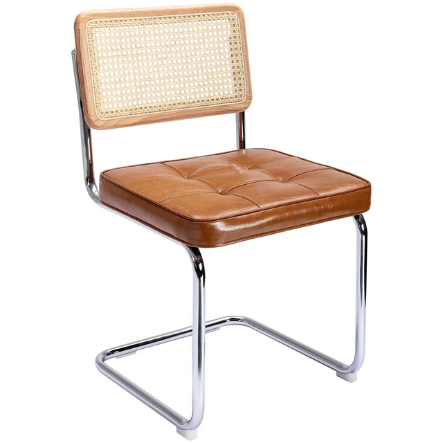 Alt view image 7 of 7 - Natural Rattan Dining Chairs Set of 2, Modern Cesca Kitchen Chair
Mid Century Modern Dining Chairs with Solid Wood Back & Cane Mesh, Upholstered Faux Leather Chairs with Chrome Base, Brown