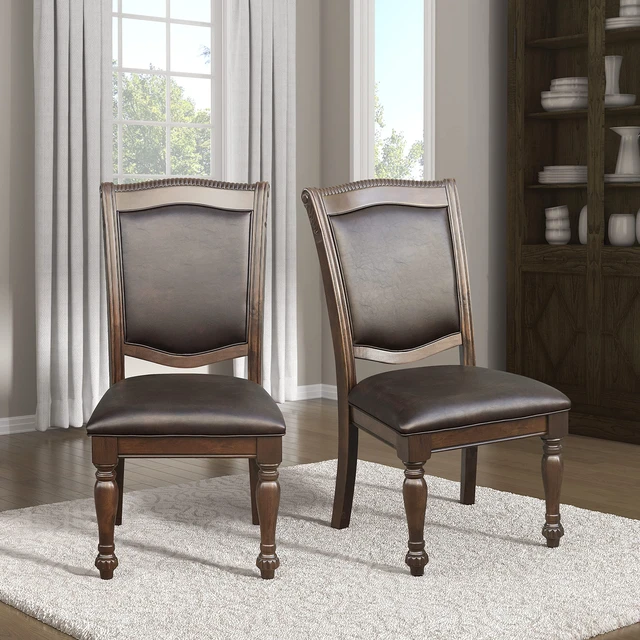Alt view image 6 of 7 - Dining Room Chairs Set of 2, Classic Traditional Dining Chairs For Kitchen, Solid Wood Frame, Solid Back, Armless Side, Cherry Finish, Dark Brown Faux Leather Upholstery, Easy Assembly