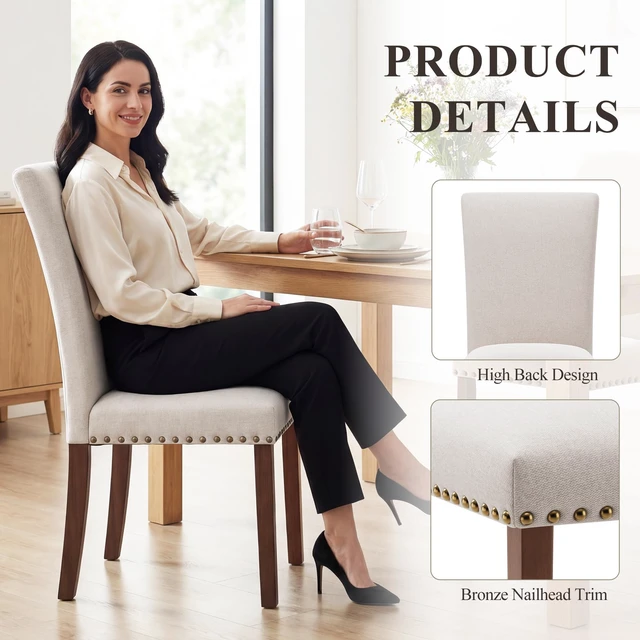 Alt view image 2 of 7 - pholstered Parsons Dining Chairs Set of 2, Fabric Dining Room Kitchen Side Chair with Nailhead Trim and Wood Legs - Beige