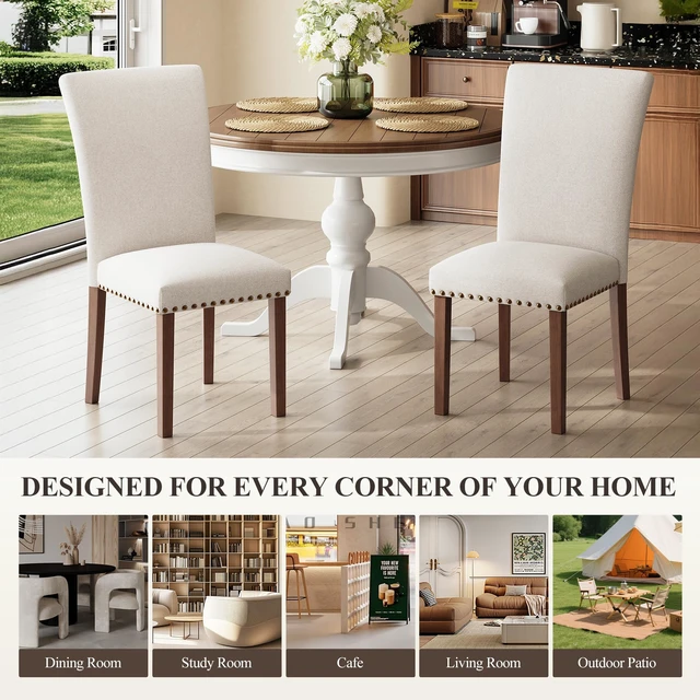 Alt view image 5 of 7 - pholstered Parsons Dining Chairs Set of 2, Fabric Dining Room Kitchen Side Chair with Nailhead Trim and Wood Legs - Beige