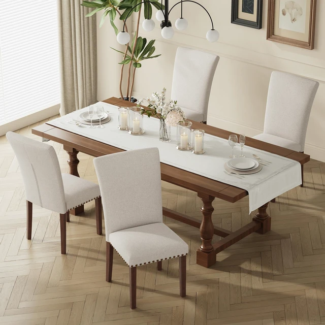 Alt view image 6 of 7 - pholstered Parsons Dining Chairs Set of 2, Fabric Dining Room Kitchen Side Chair with Nailhead Trim and Wood Legs - Beige