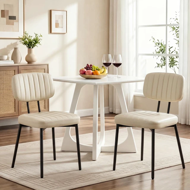 Main image of Dining Chairs Set of 2, PU Leather Upholstered Kitchen Chairs
Metal Legs, Mid Century Shell Style Backrest for Dining Living Room, Beige White