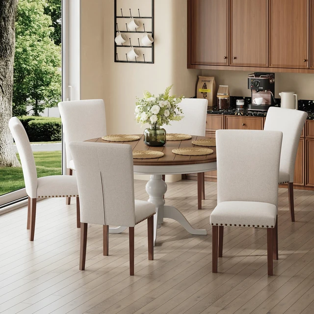 Alt view image 7 of 7 - pholstered Parsons Dining Chairs Set of 2, Fabric Dining Room Kitchen Side Chair with Nailhead Trim and Wood Legs - Beige