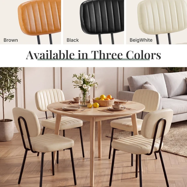 Alt view image 7 of 7 - Dining Chairs Set of 2, PU Leather Upholstered Kitchen Chairs
Metal Legs, Mid Century Shell Style Backrest for Dining Living Room, Beige White