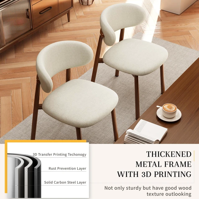 Alt view image 3 of 7 - Dining Chairs Set of 4 Modern Soft Linen Farmhouse Dining Room Chair with Metal Legs, Beige/Walnut