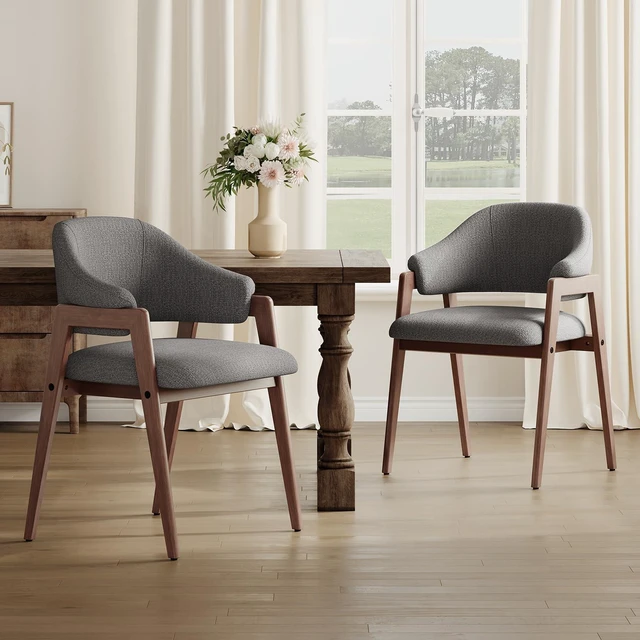 Main image of Wooden Dining Chairs Set of 2, Modern Fabric Upholstered Dining Room Chair, Kitchen Side Chairs, Farmhouse Dinner Chair with Curved Open Back for Kitchen, Grey