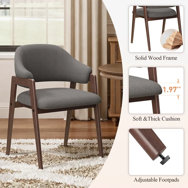 Alt view image 2 of 7 - Wooden Dining Chairs Set of 2, Modern Fabric Upholstered Dining Room Chair, Kitchen Side Chairs, Farmhouse Dinner Chair with Curved Open Back for Kitchen, Grey