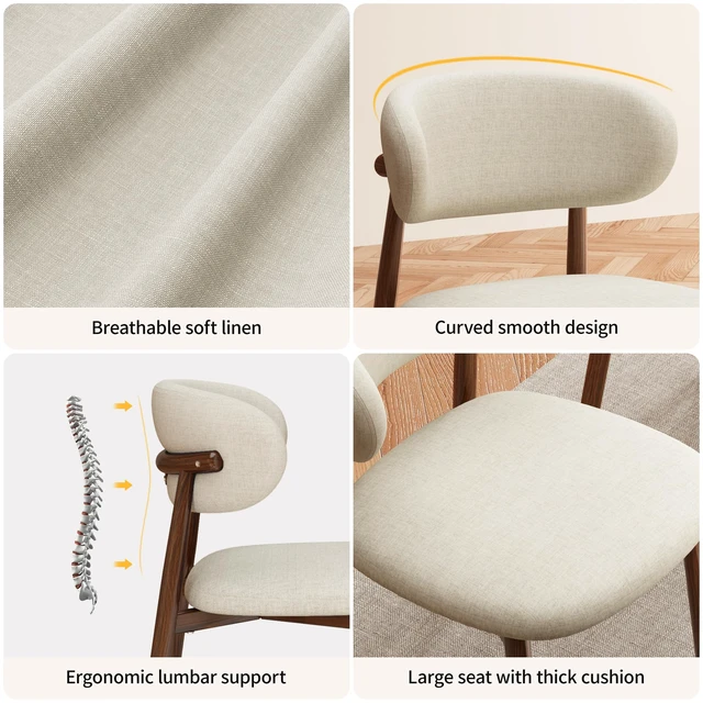 Alt view image 4 of 7 - Dining Chairs Set of 4 Modern Soft Linen Farmhouse Dining Room Chair with Metal Legs, Beige/Walnut