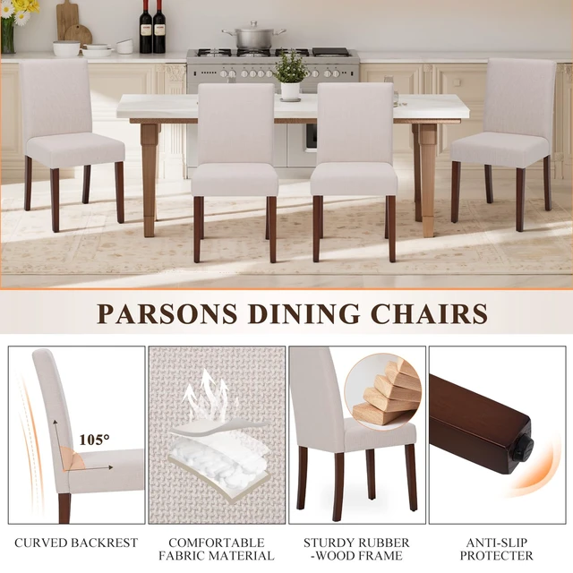 Alt view image 2 of 5 - Upholstered Dining Chairs Set of 2, Fabric Dining Room Chairs, Modern Wooden Dining Chair, Kitchen Side Chairs, Farmhouse Dinner Chair with High Back for Kitchen, Beige