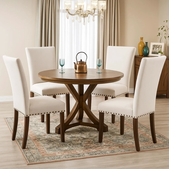 Main image of Set of 4 Beige Upholstered Dining Chairs, Farmhouse Kitchen Chairs with High Back Support, Solid Rubberwood Legs, Comfortable Padded Seat, Bronze Nailhead Trim, Dining Room Chairs for Family Meals