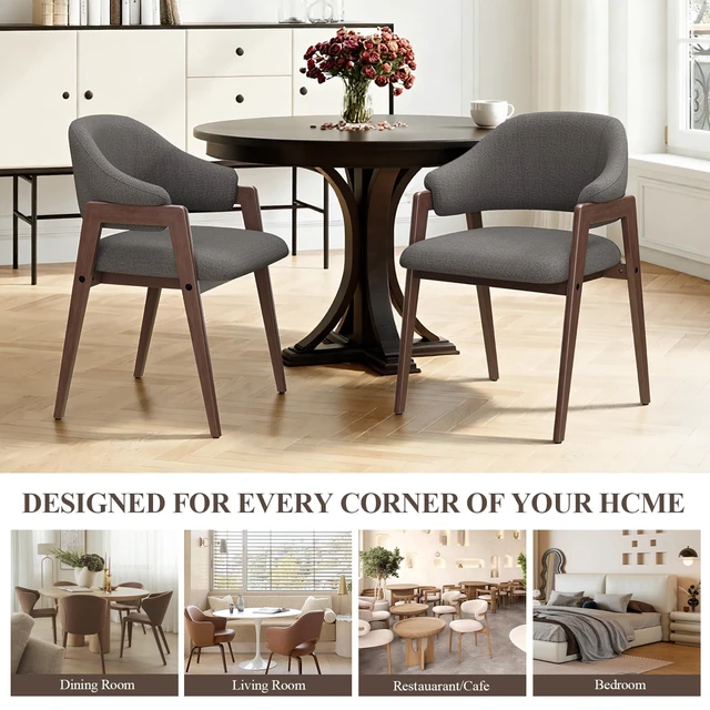 Alt view image 4 of 7 - Wooden Dining Chairs Set of 2, Modern Fabric Upholstered Dining Room Chair, Kitchen Side Chairs, Farmhouse Dinner Chair with Curved Open Back for Kitchen, Grey
