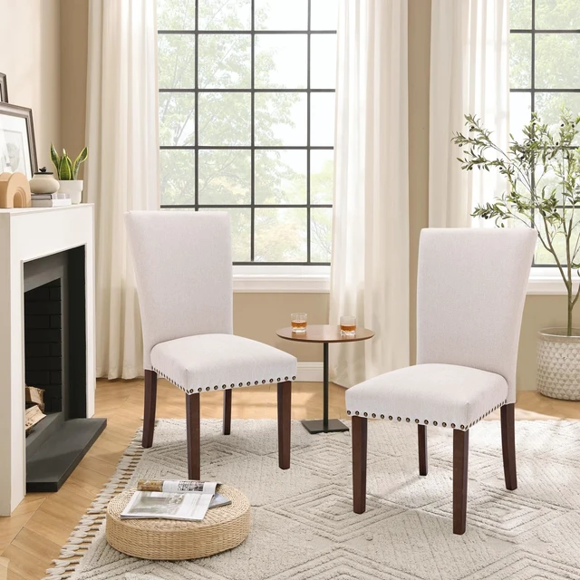 Alt view image 2 of 6 - Set of 4 Beige Upholstered Dining Chairs, Farmhouse Kitchen Chairs with High Back Support, Solid Rubberwood Legs, Comfortable Padded Seat, Bronze Nailhead Trim, Dining Room Chairs for Family Meals