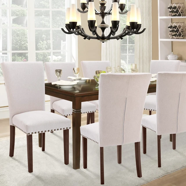 Alt view image 3 of 6 - Set of 4 Beige Upholstered Dining Chairs, Farmhouse Kitchen Chairs with High Back Support, Solid Rubberwood Legs, Comfortable Padded Seat, Bronze Nailhead Trim, Dining Room Chairs for Family Meals
