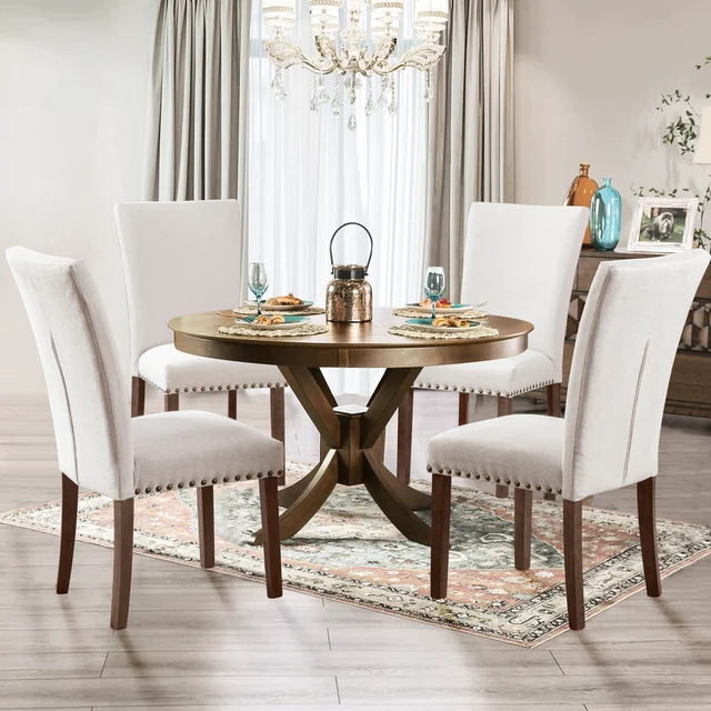 Alt view image 4 of 6 - Set of 4 Beige Upholstered Dining Chairs, Farmhouse Kitchen Chairs with High Back Support, Solid Rubberwood Legs, Comfortable Padded Seat, Bronze Nailhead Trim, Dining Room Chairs for Family Meals