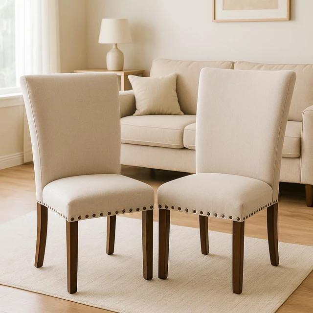 Alt view image 5 of 6 - Set of 4 Beige Upholstered Dining Chairs, Farmhouse Kitchen Chairs with High Back Support, Solid Rubberwood Legs, Comfortable Padded Seat, Bronze Nailhead Trim, Dining Room Chairs for Family Meals