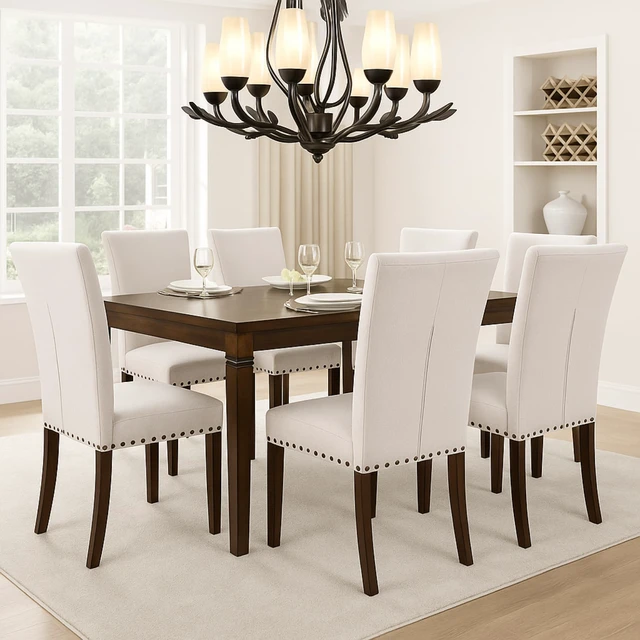 Alt view image 6 of 6 - Set of 4 Beige Upholstered Dining Chairs, Farmhouse Kitchen Chairs with High Back Support, Solid Rubberwood Legs, Comfortable Padded Seat, Bronze Nailhead Trim, Dining Room Chairs for Family Meals