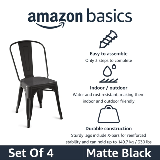 Alt view image 2 of 5 - Basics Metal Dining Chairs, Easy to Assemble, Indoor/Outdoor, Stackable, Matte Black, 4-Pack