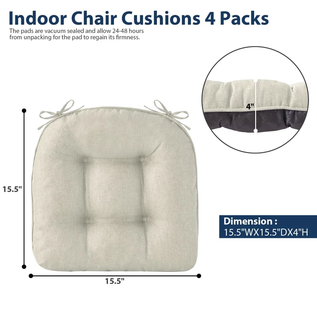 Alt view image 2 of 7 - Chair Cushions for Dining Chairs, 15.5" x 15.5" x 4", Beige
Set of 4, Tufted Foam, Non Slip, With Ties,Washable,Seat Cushions for Indoor&Kitchen&Dining Room