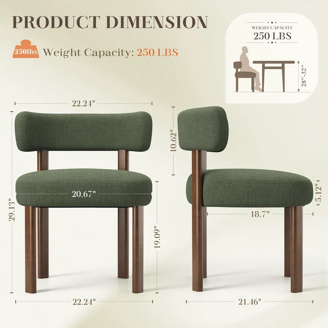 Alt view image 2 of 6 - Dining Chairs Set of 2, Upholstered Kitchen Chairs with Solid Wood Legs, Mid Century Dining Room Chair with Ergonomic Curved Backrest for Kitchen Dining Vanity, Green
