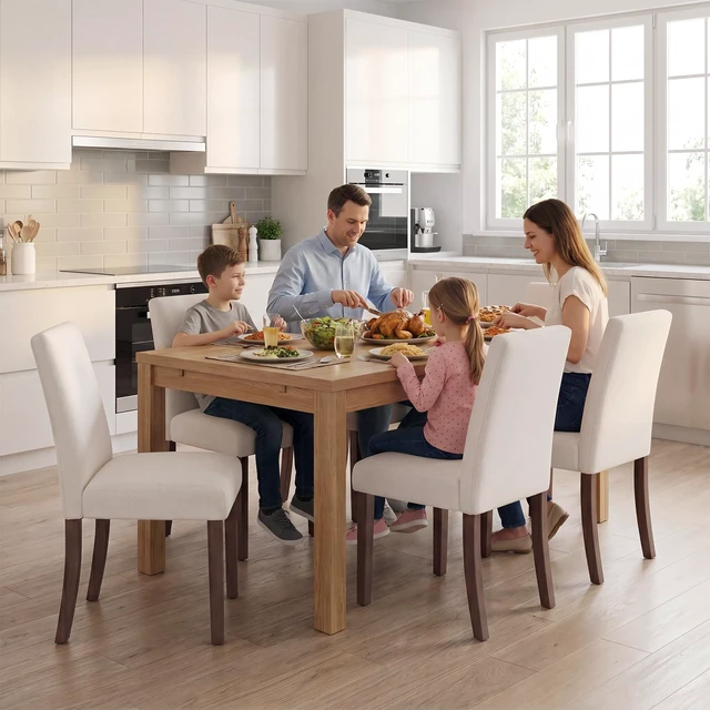 Alt view image 4 of 5 - Modern Dining Chairs Set of 4, Upholstered Kitchen Chairs with High Back, Padded Fabric Dining Room Chair with Solid Wood Legs for Restaurant/Cafe/Home, Light Beige