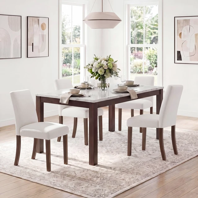 Alt view image 5 of 5 - Modern Dining Chairs Set of 4, Upholstered Kitchen Chairs with High Back, Padded Fabric Dining Room Chair with Solid Wood Legs for Restaurant/Cafe/Home, Light Beige
