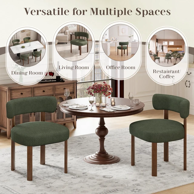 Alt view image 5 of 6 - Dining Chairs Set of 2, Upholstered Kitchen Chairs with Solid Wood Legs, Mid Century Dining Room Chair with Ergonomic Curved Backrest for Kitchen Dining Vanity, Green