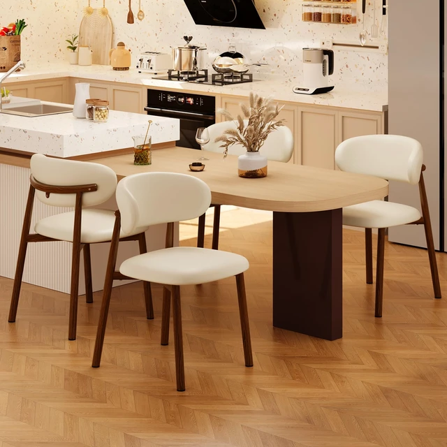 Alt view image 2 of 7 - Dining Chairs Set of 2 Modern Upholstered Leather Farmhouse Dining Room Chair with Metal Legs, Walnut Leg/Beige