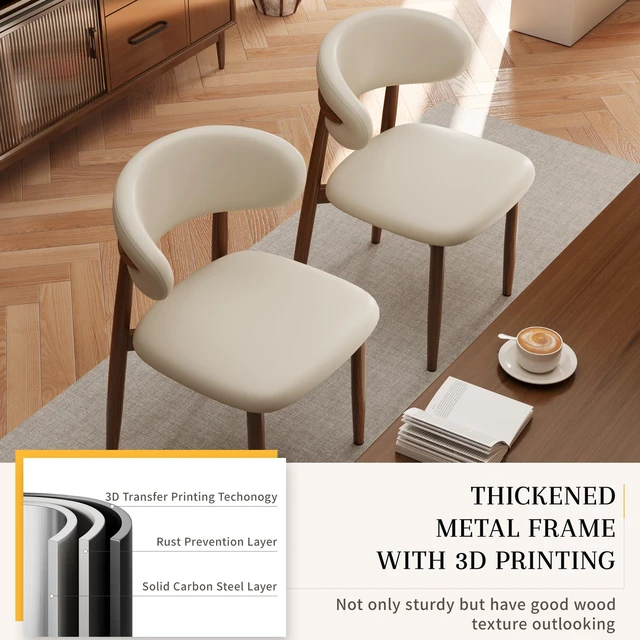Alt view image 3 of 7 - Dining Chairs Set of 2 Modern Upholstered Leather Farmhouse Dining Room Chair with Metal Legs, Walnut Leg/Beige