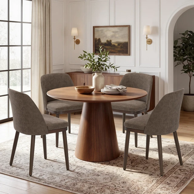 Main image of Upholstered Dining Chairs Set of 4, Modern Dining Room Chairs, PU Leather Kitchen Chairs with Wood Legs, Dark Brown