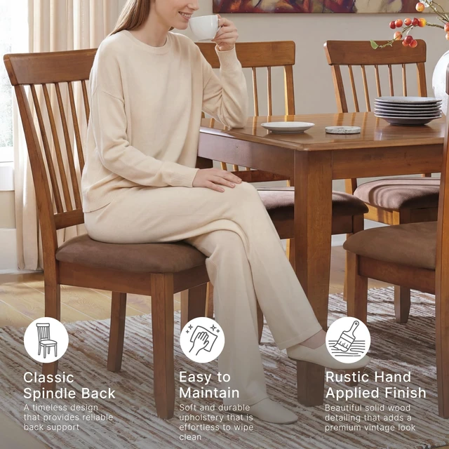 Alt view image 3 of 7 - Design by Ashley Berringer Wood Dining Chairs Set of 2, Brown
Rustic brown finish, Cushioned microfiber seat, Spindle back, 250 lb capacity, Spot clean fabric