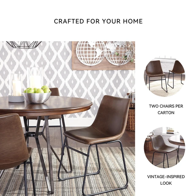 Alt view image 4 of 7 - Design by Ashley Centiar Mid-Century Dining Chair Set of 2, Brown
Contoured faux leather bucket seats, Matte black tubular metal base, Optimized for compact kitchen and eat-in spaces