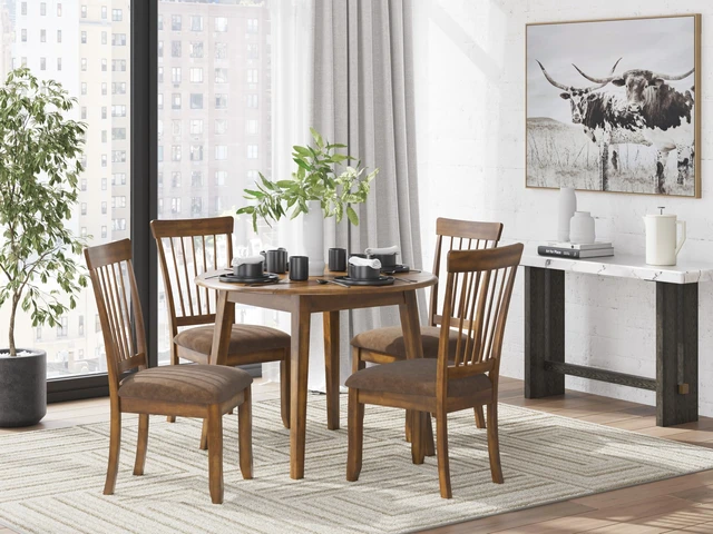 Alt view image 6 of 7 - Design by Ashley Berringer Wood Dining Chairs Set of 2, Brown
Rustic brown finish, Cushioned microfiber seat, Spindle back, 250 lb capacity, Spot clean fabric