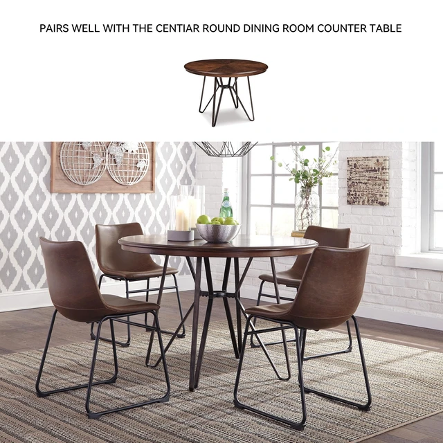 Alt view image 5 of 7 - Design by Ashley Centiar Mid-Century Dining Chair Set of 2, Brown
Contoured faux leather bucket seats, Matte black tubular metal base, Optimized for compact kitchen and eat-in spaces