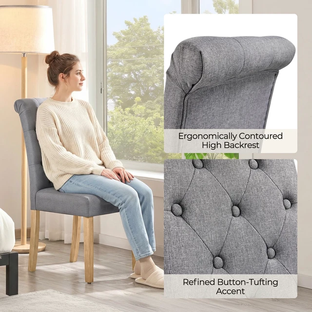 Alt view image 3 of 7 - Dining Chairs Set of 2 Modern Upholstered Parson Chairs Dark Gray
Button Tufted High Back Dining Room Chairs with Fabric Padded Seat, Solid Wood Legs, Armless Design for Kitchen Living Room