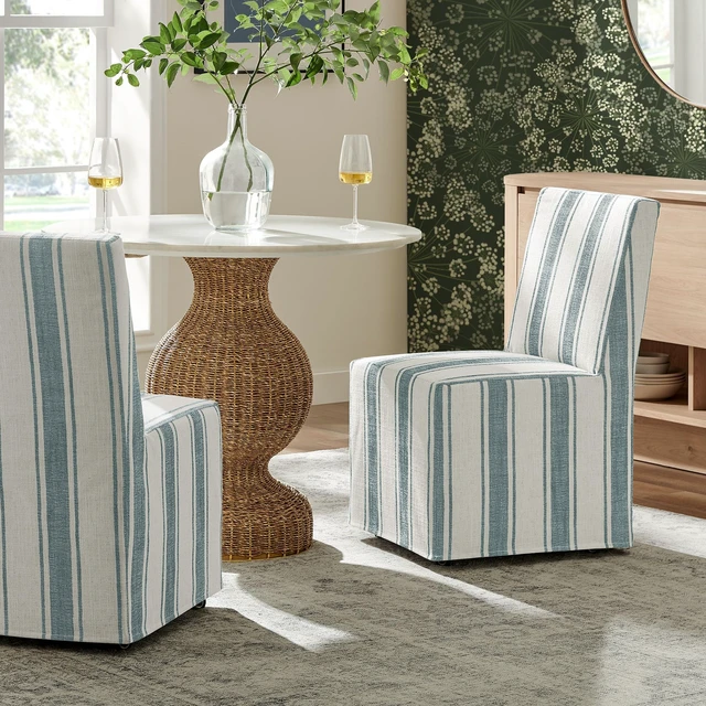 Alt view image 2 of 7 - Tessera Upholstered Parsons Dining Room Chair with Removable Blue Stripe Striped Slipcover Modern Linen-Like Slipcovered Dining Side Chair with Rolling Casters