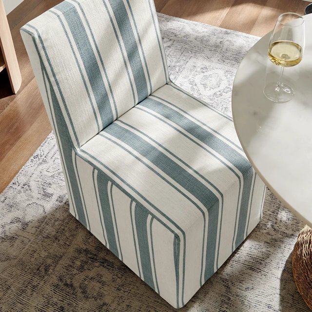 Alt view image 3 of 7 - Tessera Upholstered Parsons Dining Room Chair with Removable Blue Stripe Striped Slipcover Modern Linen-Like Slipcovered Dining Side Chair with Rolling Casters