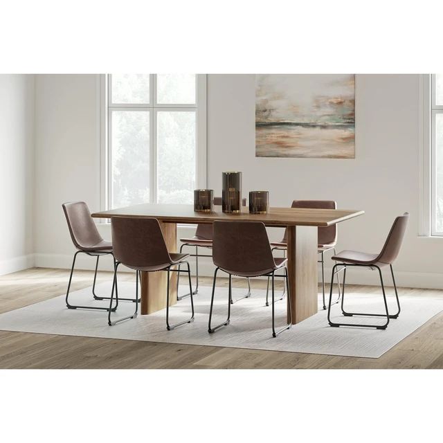 Alt view image 7 of 7 - Design by Ashley Centiar Mid-Century Dining Chair Set of 2, Brown
Contoured faux leather bucket seats, Matte black tubular metal base, Optimized for compact kitchen and eat-in spaces