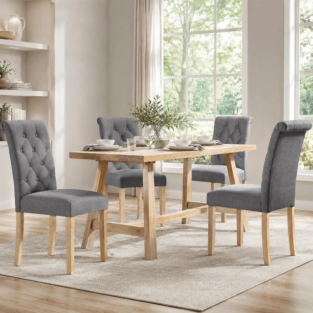 Alt view image 6 of 7 - Dining Chairs Set of 2 Modern Upholstered Parson Chairs Dark Gray
Button Tufted High Back Dining Room Chairs with Fabric Padded Seat, Solid Wood Legs, Armless Design for Kitchen Living Room