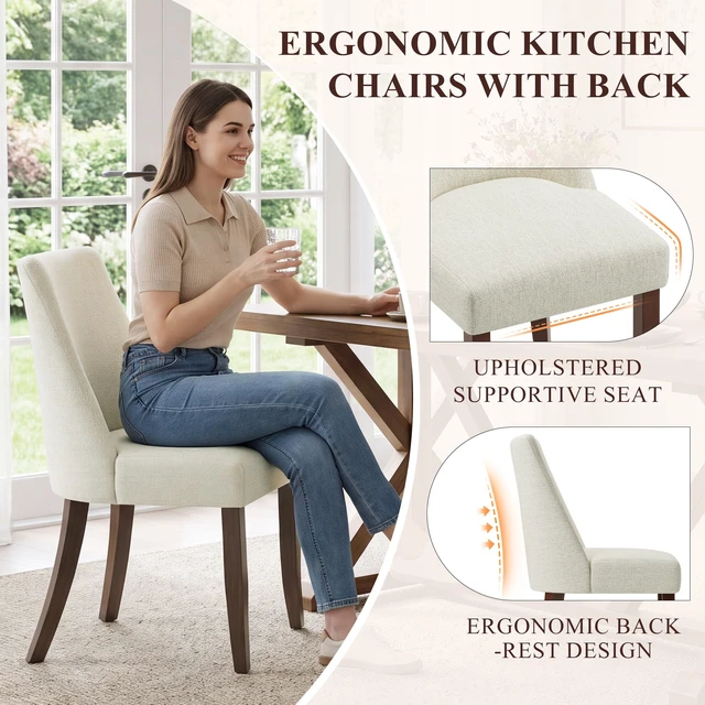 Alt view image 4 of 7 - Upholstered Dining Chairs Set of 4, Mid Century Modern Kitchen Chairs with Back, Farmhouse Fabric Side Dining Room Chairs with Wood Legs for Dining Room Restaurant, Beige